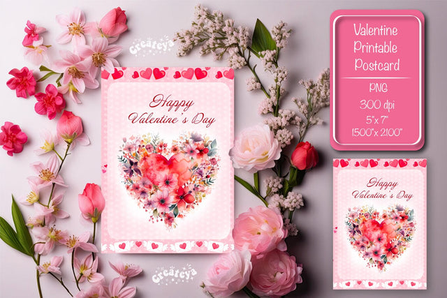 Printable Valentine card Watercolor flower Heart St Valentine's Day postcard Sublimation Createya Design 