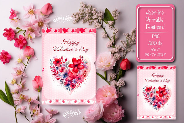 Printable Valentine card Watercolor flower Heart St Valentine's Day postcard Sublimation Createya Design 