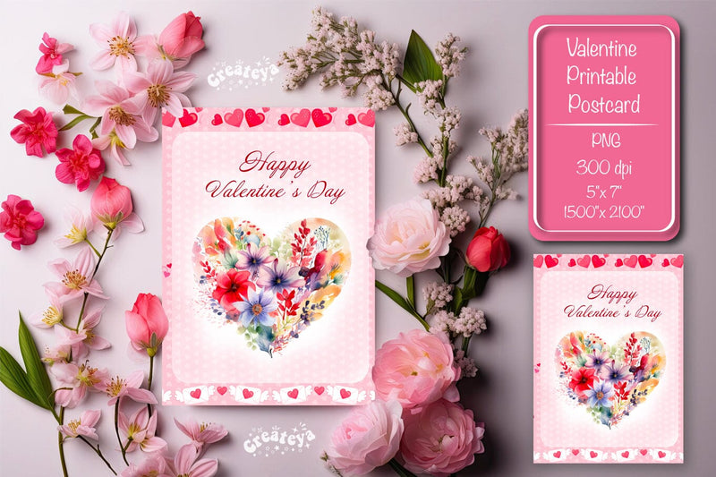 Printable Valentine card Watercolor flower Heart St Valentine's Day postcard Sublimation Createya Design 