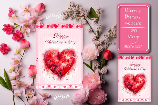 Printable Valentine card Watercolor flower Heart St Valentine's Day postcard Sublimation Createya Design 