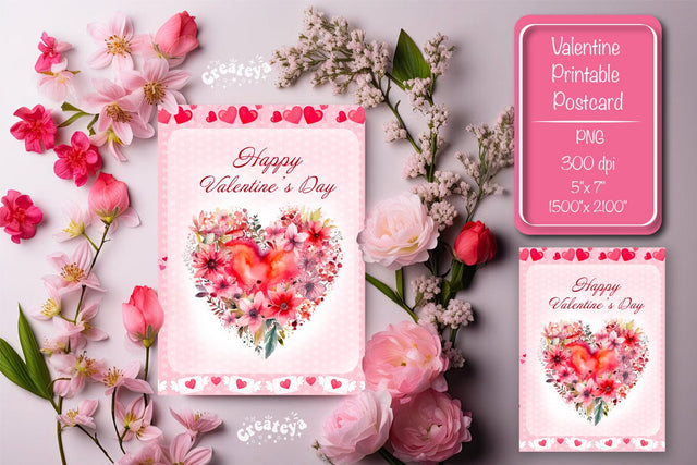 Printable Valentine card Watercolor flower Heart St Valentine's Day postcard Sublimation Createya Design 