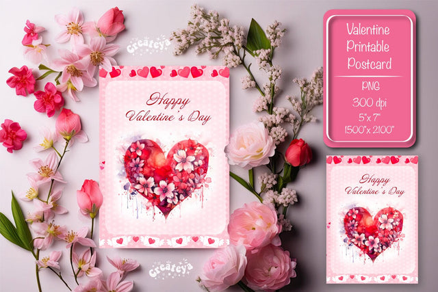 Printable Valentine card Watercolor flower Heart St Valentine's Day postcard Sublimation Createya Design 