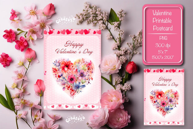 Printable Valentine card Watercolor flower Heart St Valentine's Day postcard Sublimation Createya Design 