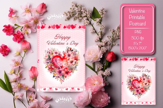 Printable Valentine card Watercolor flower Heart St Valentine's Day postcard Sublimation Createya Design 