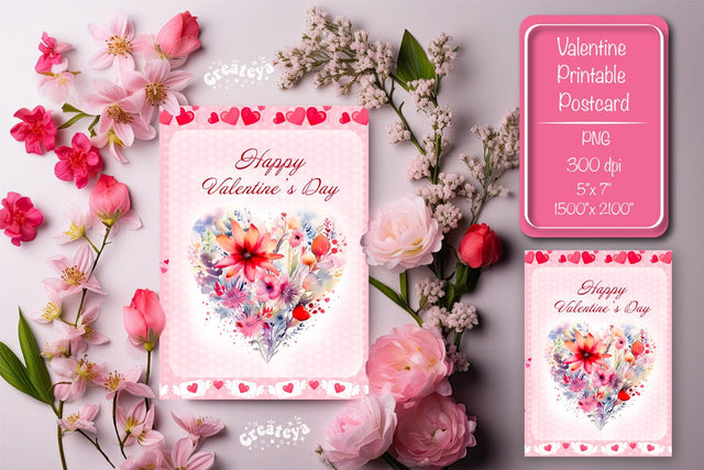 Printable Valentine card Watercolor flower Heart St Valentine's Day postcard Sublimation Createya Design 