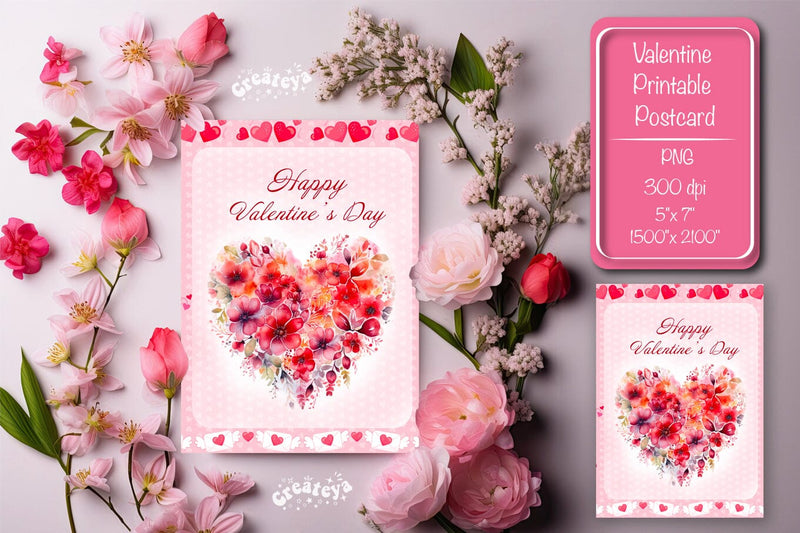 Printable Valentine card Watercolor flower Heart St Valentine's Day postcard Sublimation Createya Design 