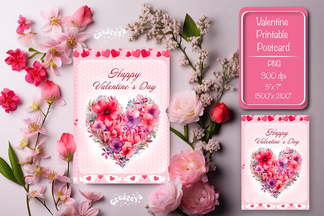 Printable Valentine card Watercolor flower Heart St Valentine's Day postcard Sublimation Createya Design 