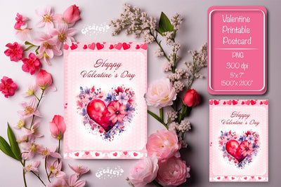Printable Valentine card Watercolor flower Heart St Valentine's Day postcard Sublimation Createya Design 