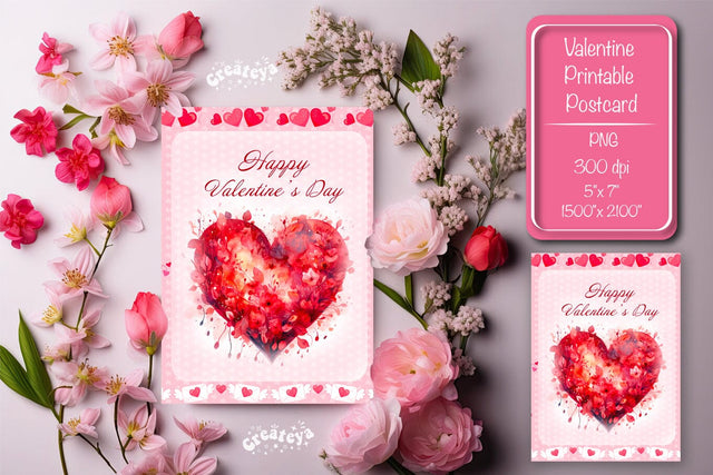 Printable Valentine card Watercolor flower Heart St Valentine's Day postcard Sublimation Createya Design 