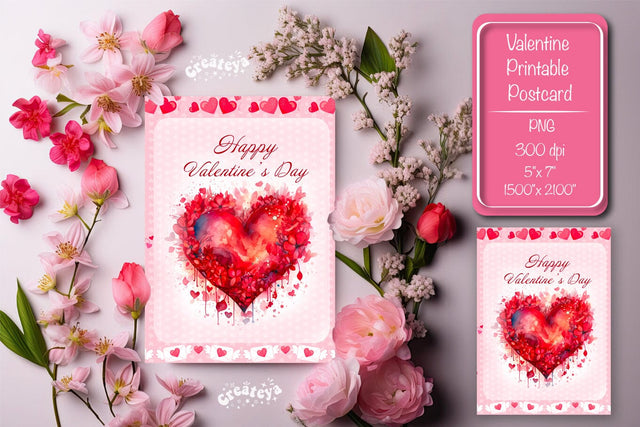 Printable Valentine card Watercolor flower Heart St Valentine's Day postcard Sublimation Createya Design 