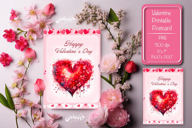 Printable Valentine card Watercolor flower Heart St Valentine's Day postcard Sublimation Createya Design 