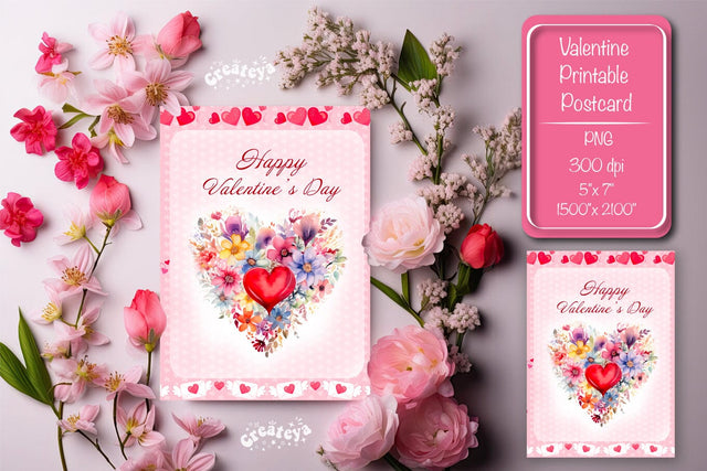 Printable Valentine card Watercolor flower Heart St Valentine's Day postcard Sublimation Createya Design 