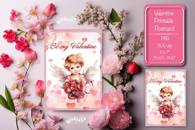 Printable Valentine card with baby angel with wings St Valentine's Day postcard Watercolor Sublimation Createya Design 