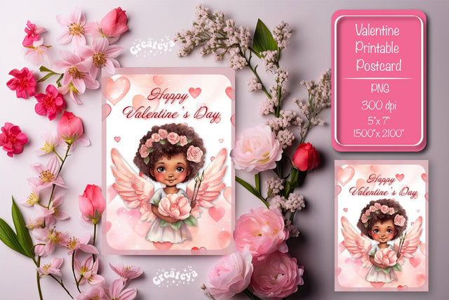 Printable Valentine card with baby angel with wings St Valentine's Day postcard Watercolor Sublimation Createya Design 