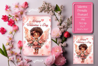 Printable Valentine card with baby angel with wings St Valentine's Day postcard Watercolor Sublimation Createya Design 