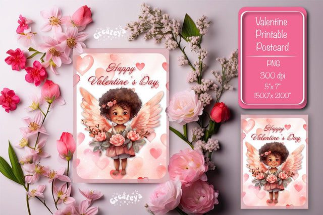Printable Valentine card with baby angel with wings St Valentine's Day postcard Watercolor Sublimation Createya Design 