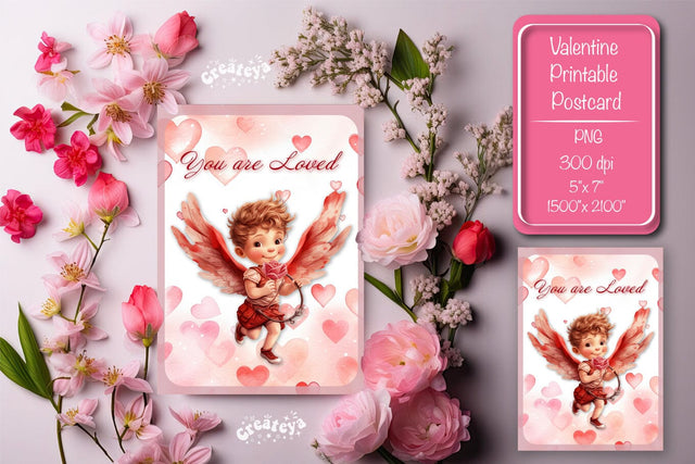 Printable Valentine card with baby angel with wings St Valentine's Day postcard Watercolor Sublimation Createya Design 