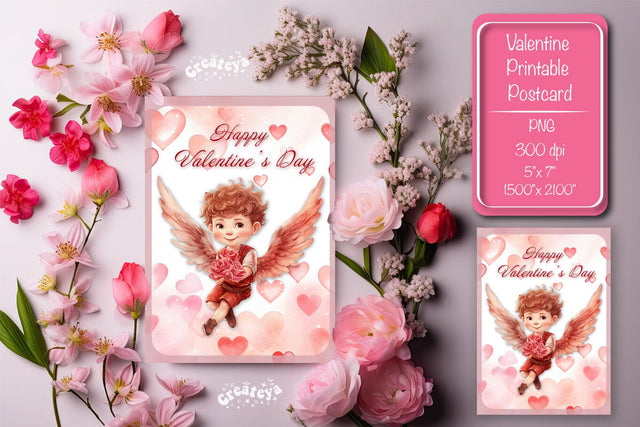 Printable Valentine card with baby angel with wings St Valentine's Day postcard Watercolor Sublimation Createya Design 