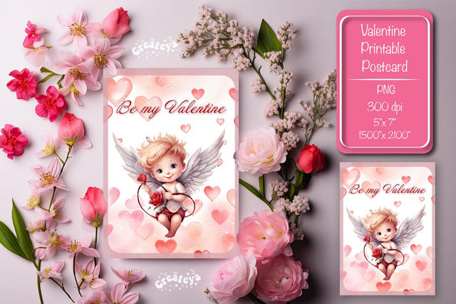 Printable Valentine card with baby angel with wings St Valentine's Day postcard Watercolor Sublimation Createya Design 
