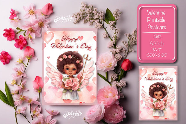 Printable Valentine card with baby angel with wings St Valentine's Day postcard Watercolor Sublimation Createya Design 