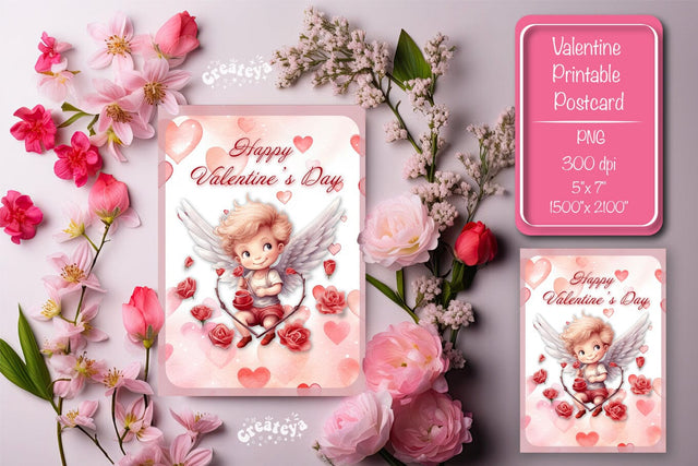 Printable Valentine card with baby angel with wings St Valentine's Day postcard Watercolor Sublimation Createya Design 