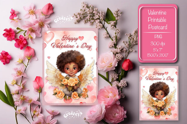 Printable Valentine card with baby angel with wings St Valentine's Day postcard Watercolor Sublimation Createya Design 