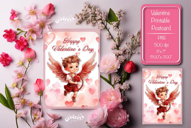 Printable Valentine card with baby angel with wings St Valentine's Day postcard Watercolor Sublimation Createya Design 