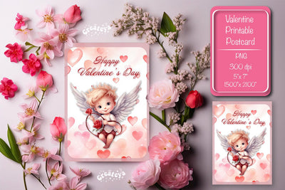 Printable Valentine card with baby angel with wings St Valentine's Day postcard Watercolor Sublimation Createya Design 