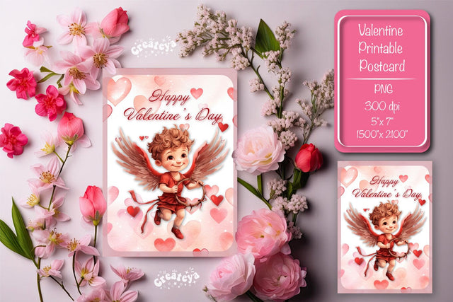 Printable Valentine card with baby angel with wings St Valentine's Day postcard Watercolor Sublimation Createya Design 