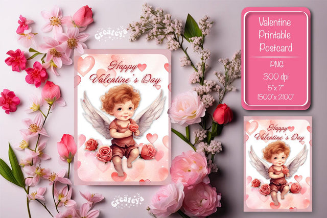 Printable Valentine card with baby angel with wings St Valentine's Day postcard Watercolor Sublimation Createya Design 