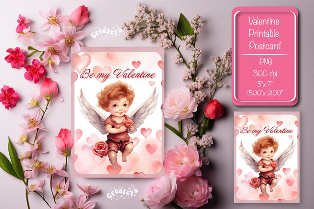 Printable Valentine card with baby angel with wings St Valentine's Day postcard Watercolor Sublimation Createya Design 
