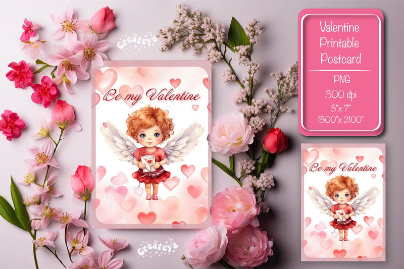 Printable Valentine card with baby angel with wings St Valentine's Day postcard Watercolor Sublimation Createya Design 