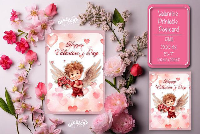 Printable Valentine card with baby angel with wings St Valentine's Day postcard Watercolor Sublimation Createya Design 