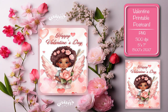 Printable Valentine card with baby angel with wings St Valentine's Day postcard Watercolor Sublimation Createya Design 