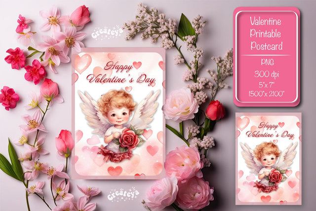 Printable Valentine card with baby angel with wings St Valentine's Day postcard Watercolor Sublimation Createya Design 