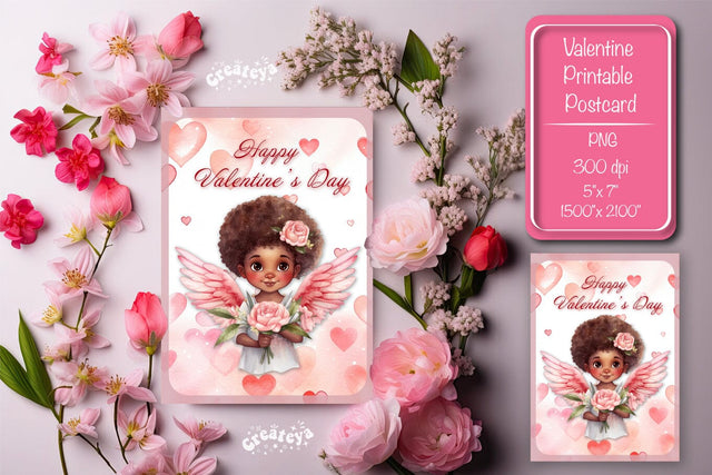 Printable Valentine card with baby angel with wings St Valentine's Day postcard Watercolor Sublimation Createya Design 