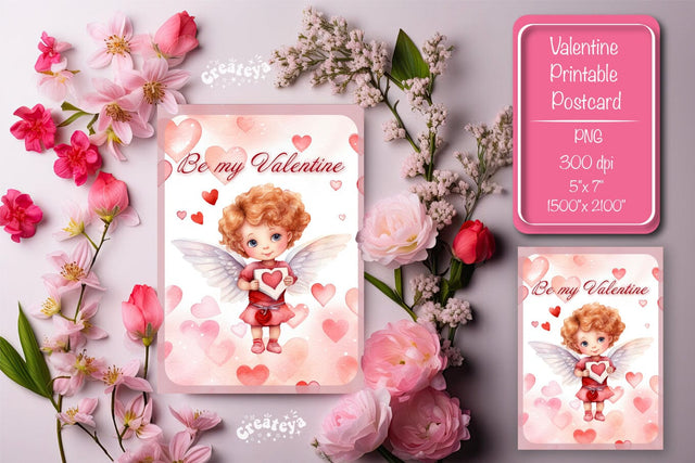 Printable Valentine card with baby angel with wings St Valentine's Day postcard Watercolor Sublimation Createya Design 