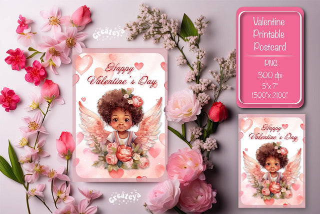 Printable Valentine card with baby angel with wings St Valentine's Day postcard Watercolor Sublimation Createya Design 