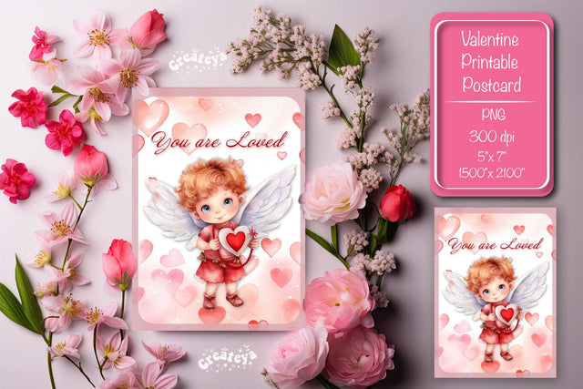Printable Valentine card with baby angel with wings St Valentine's Day postcard Watercolor Sublimation Createya Design 