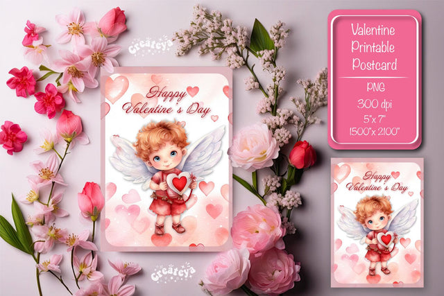 Printable Valentine card with baby angel with wings St Valentine's Day postcard Watercolor Sublimation Createya Design 