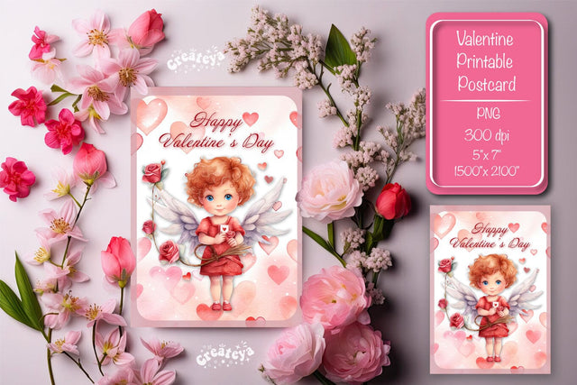 Printable Valentine card with baby angel with wings St Valentine's Day postcard Watercolor Sublimation Createya Design 