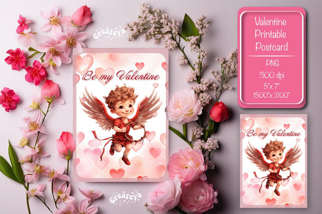 Printable Valentine card with baby angel with wings St Valentine's Day postcard Watercolor Sublimation Createya Design 