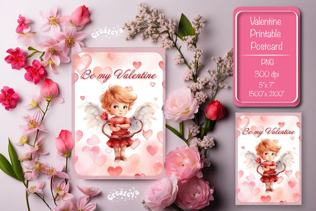 Printable Valentine card with baby angel with wings St Valentine's Day postcard Watercolor Sublimation Createya Design 