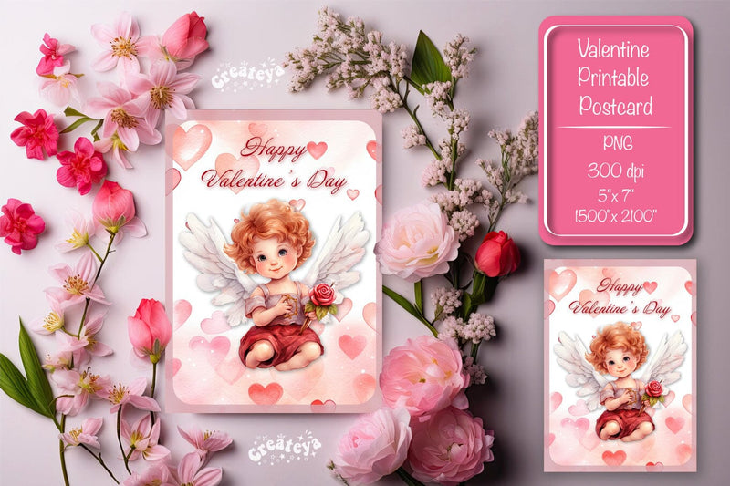 Printable Valentine card with baby angel with wings St Valentine's Day postcard Watercolor Sublimation Createya Design 