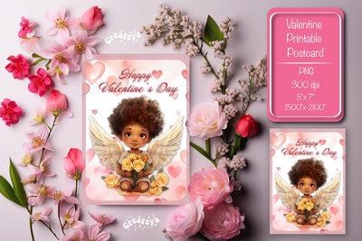 Printable Valentine card with baby angel with wings St Valentine's Day postcard Watercolor Sublimation Createya Design 