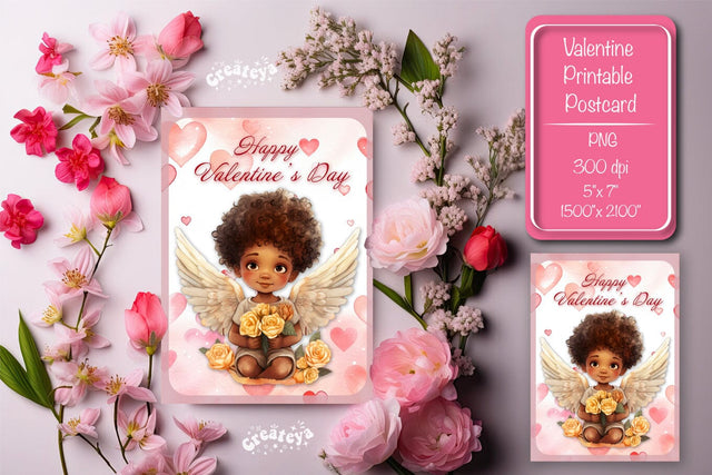 Printable Valentine card with baby angel with wings St Valentine's Day postcard Watercolor Sublimation Createya Design 