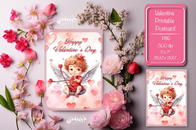 Printable Valentine card with baby angel with wings St Valentine's Day postcard Watercolor Sublimation Createya Design 