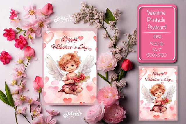 Printable Valentine card with baby angel with wings St Valentine's Day postcard Watercolor Sublimation Createya Design 