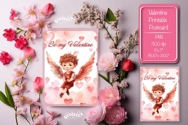 Printable Valentine card with baby angel with wings St Valentine's Day postcard Watercolor Sublimation Createya Design 