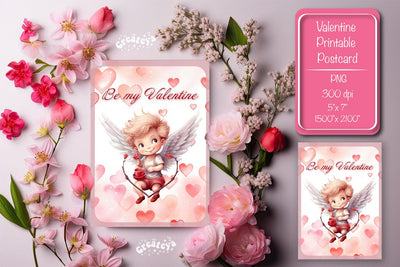 Printable Valentine card with baby angel with wings St Valentine's Day postcard Watercolor Sublimation Createya Design 